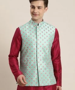SHRESTHA By VASTRAMAY Men's Green Embroidered Ethnic Jacket Shaadi
