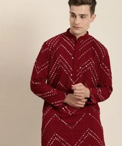 Shaadi SHRESTHA BY VASTRAMAY Men Maroon Chevron Embellished Mirror Work Georgette Kurta