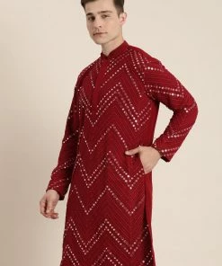 Shaadi SHRESTHA BY VASTRAMAY Men Maroon Chevron Embellished Mirror Work Georgette Kurta