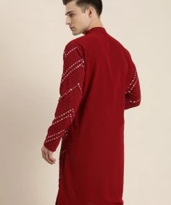Shaadi SHRESTHA BY VASTRAMAY Men Maroon Chevron Embellished Mirror Work Georgette Kurta