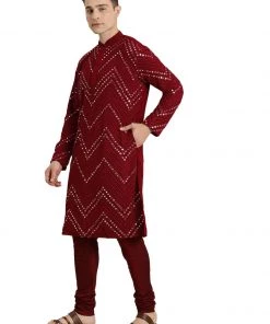 Shaadi SHRESTHA BY VASTRAMAY Men Maroon Chevron Embellished Mirror Work Georgette Kurta