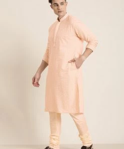 SHRESTHA BY VASTRAMAY Men's Pink-Colored Ethnic Motifs Embroidered Chikankari Kurta With Pyjamas Kurta Sets