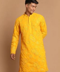 SHRESTHA BY VASTRAMAY Men's Yellow Ethnic Motifs Embroidered Kurta