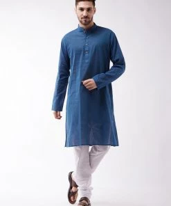 SHVAAS By VASTRAMAY Men's Blue Cotton Handloom Kurta With Pyjamas Ganesh Chaturthi