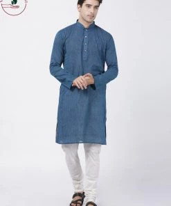 SHVAAS By VASTRAMAY Men's Blue Cotton Handloom Kurta With Pyjamas Ganesh Chaturthi