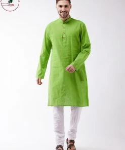 Rakhi SHVAAS By VASTRAMAY Men's Green Cotton Handloom Kurta With Pyjamas