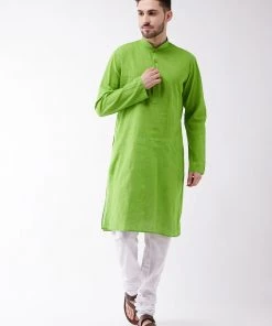 Rakhi SHVAAS By VASTRAMAY Men's Green Cotton Handloom Kurta With Pyjamas