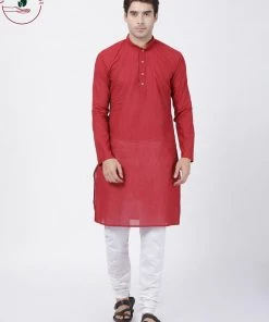 SHVAAS By VASTRAMAY Men's Red Cotton Handloom Kurta With Pyjamas