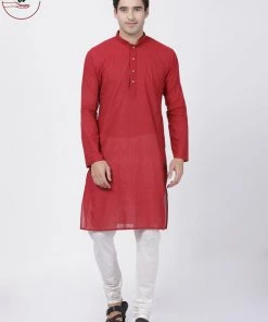SHVAAS By VASTRAMAY Men's Red Cotton Handloom Kurta With Pyjamas Rakhi