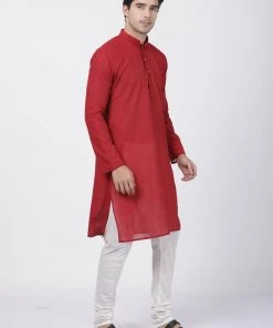 SHVAAS By VASTRAMAY Men's Red Cotton Handloom Kurta With Pyjamas Rakhi