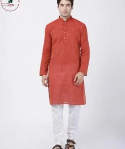 SHVAAS By VASTRAMAY Men's Rust Cotton Handloom Kurta With Pyjamas