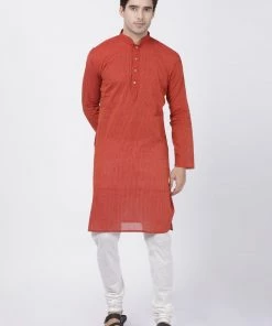 Rakhi SHVAAS By VASTRAMAY Men's Rust Cotton Handloom Kurta With Pyjamas