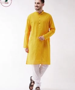 SHVAAS By VASTRAMAY Men's Yellow Cotton Handloom Kurta With Pyjamas