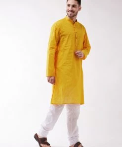 SHVAAS By VASTRAMAY Men's Yellow Cotton Handloom Kurta With Pyjamas