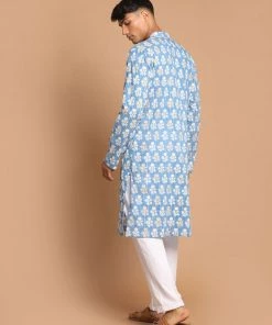SHVAAS By VASTRAMAY Men's Blue Floral Printed Sequined Pure Cotton Kurta With Pajama Kurta Sets