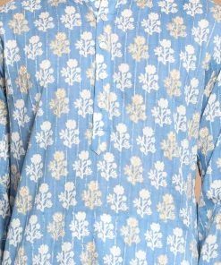 SHVAAS By VASTRAMAY Men's Blue Floral Printed Sequined Pure Cotton Kurta With Pajama Kurta Sets