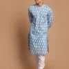 SHVAAS By VASTRAMAY Men's Blue Printed Pure Cotton Kurta With White Churidar