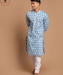 SHVAAS By VASTRAMAY Men's Blue Printed Pure Cotton Kurta With White Churidar
