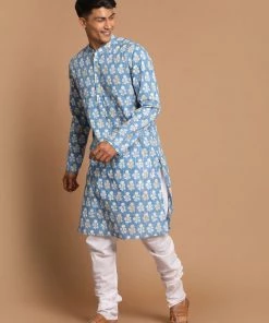 SHVAAS By VASTRAMAY Men's Blue Printed Pure Cotton Kurta With White Churidar