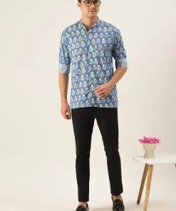 SHVAAS BY VASTRAMAY Men's Aqua Blue Printed Embellished Shirt