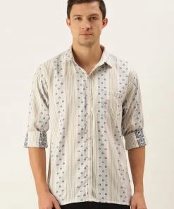 SHVAAS BY VASTRAMAY Men's Off White & Blue Geometric Striped Shirt