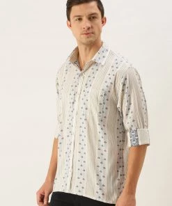 SHVAAS BY VASTRAMAY Men's Off White & Blue Geometric Striped Shirt