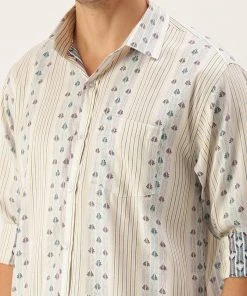 SHVAAS BY VASTRAMAY Men's Off White & Blue Geometric Striped Shirt