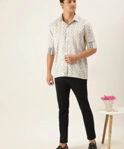 SHVAAS BY VASTRAMAY Men's Off White & Blue Geometric Striped Shirt