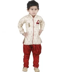 JBN Creation Boys' Gold Cotton Silk Kurta And Breedges Set