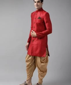 Vastramay Men's Maroon And Rose Gold Silk Blend Sherwani Set