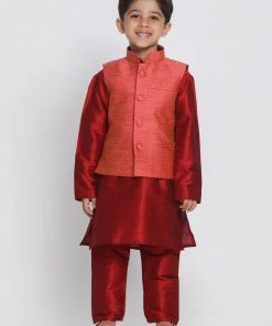 JBN Creation VASTRAMAY Boys Pink & Orange Woven Design Nehru Jacket