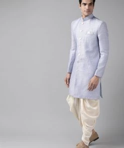 Sherwani/Indowestern Sets Vastramay Men's Lavender And Off-white Silk Blend Sherwani Set