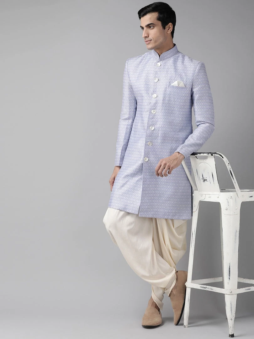 Sherwani/Indowestern Sets Vastramay Men's Lavender And Off-white Silk Blend Sherwani Set 3 Sherwani/Indowestern Sets Vastramay Men's Lavender And Off-white Silk Blend Sherwani Set